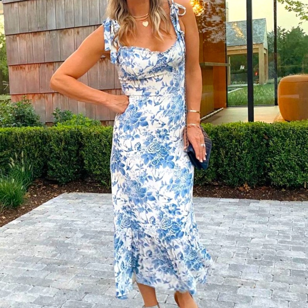 L’ABEYE Blue Toile Toe Strap MIDI Dress